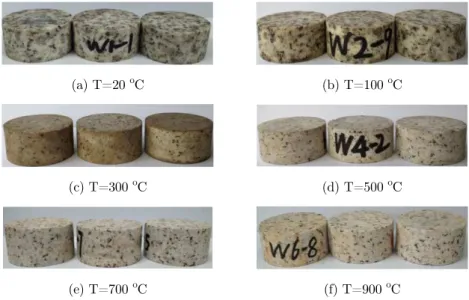 Figure 1: Granite specimens after different treatment temperatures. 