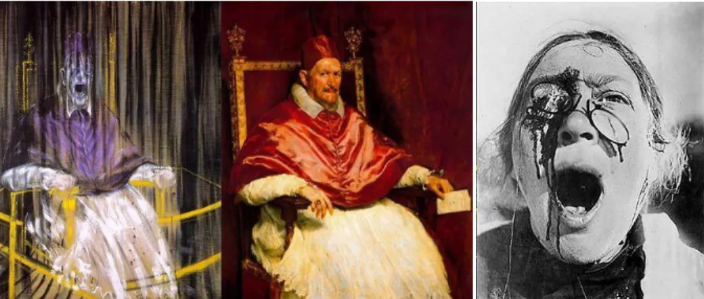 Fig. 32 - Esquerda: “Interpretação do Papa Inocencio X”, Francis Bacon, 1953  Centro: “Papa Inocencio X”, Velazquez, 1650 