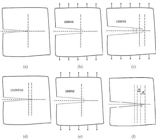 Figure 9: Schematic of crack growth during loading and unloading (a) load applied in principle stress   (b) gradually crack advances (c) sharpening at the crack tip (d) unloading (e) plastic deformation  