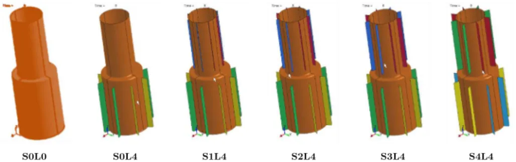 Figure 2: Examples of three-dimensional stiffened and unstiffened stepped tube models