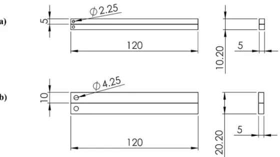 Figure 2: Reduced DCB specimen dimensions used for mode I tests: a) specimen used with the SikaPower   4720 adhesive, b) specimen used with the Nagase XNR 6852-1 adhesive (dimensions in mm)