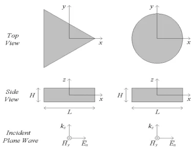 Fig. 1. Geometries of the analyzed gold triangular disk (left) and circular disk (right).