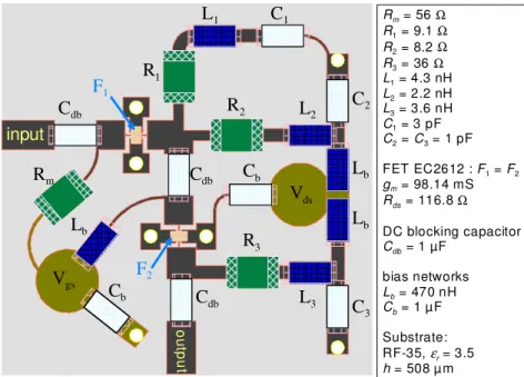 Fig. 5: Microstrip circuit layout: RF parts in black, bias network layout in green, white circles indicate ground via-holes