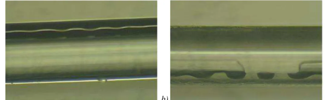 Fig. 6: Optical microscopy of optical fibers after degradation on a 35 g/l NaCl solution during a) 31 days and b) 105 days
