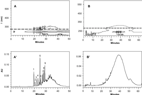 Fig. 3. Photodiode-array HPLC of total oligomeric procyanidin and total polymeric procyanidin fractions