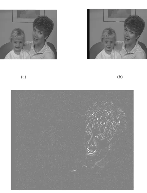 Figura 3.10: Seqüência Mother_daughter. (a) Primeiro quadro(b) Segundo quadro (c) Diferença entre os quadros multiplicada por um gnaho de 5 acrescida de 128 para permitir a visualização.