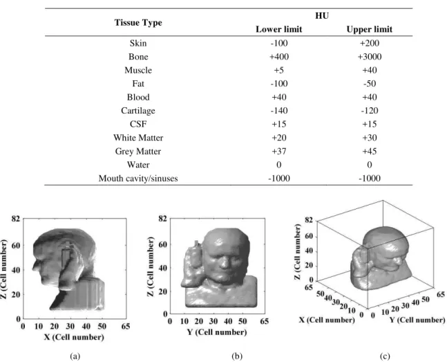 Fig. 2. (a) Sagittal plane, (b) coronal plane and (c) three-dimensional geometrical view of human head model along with  hand and mobile phone