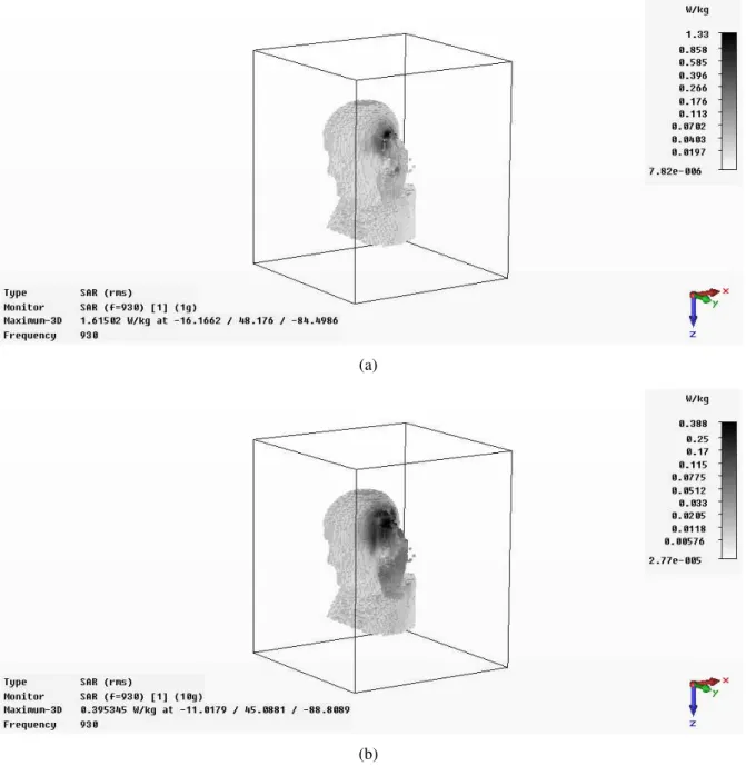 Fig. 4. Three-dimensional (a) 1-g and (b) 10-g SAR distributions inside the human head model using CST MWS