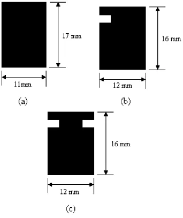 Fig. 2. Proposed geometries in [10]: (a) original rectangular patch element, (b) patch with one notch and (c) patch with two  notches
