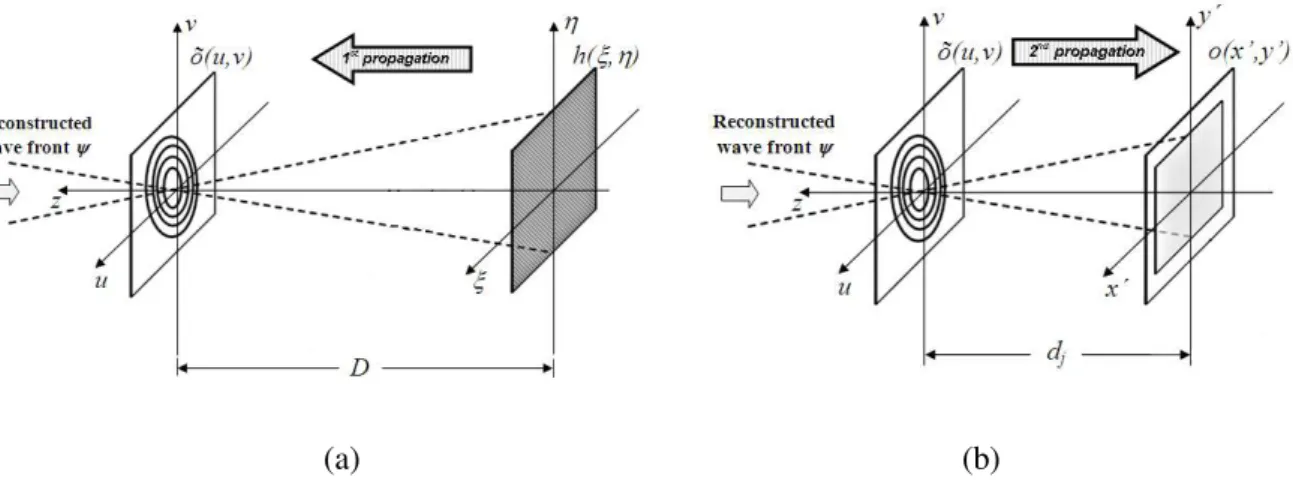 Fig. 1. Double Propagation Method for image reconstruction, where (a) first propagation until the focal plan, and (b) new  propagation process until the image plane