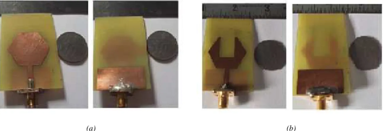 Fig. 3.   Fabricated antennas (a) prototype PRHMA (b) spanner antenna; Top plane (left side), bottom plane (right side) 