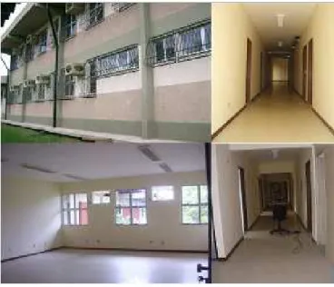 Fig. 2. Pictures of the research laboratory building: corridors of the second and the first floors, and laboratory classroom.