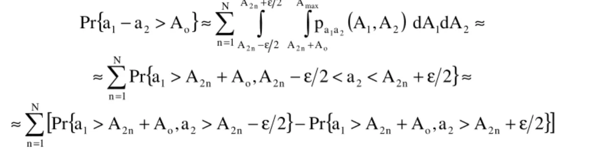 Fig. 2.Region of interest for the estimation of  Pr { a 1 − a 2 > A o }  and its approximate subdivision into narrow rectangles