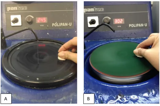 Figura 3 – Acabamento (A) e polimento (B) das amostras na politriz (Polipan U, Pantec, São Bernardo do  Campo, SP, Brasil) 