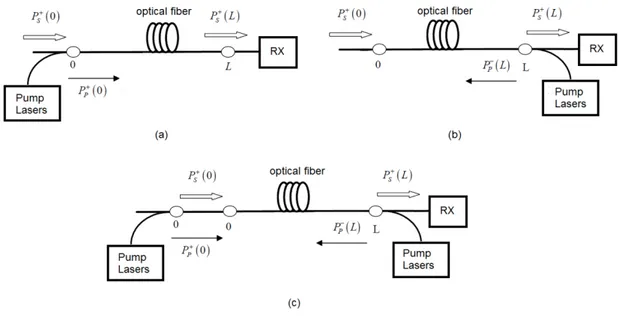 Fig. 2.Raman amplification systems with different pump configurations. 