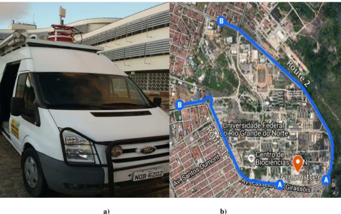 Fig. 3. a) The mobile laboratory, highlighting the CET building in the background. b) Map containing the routes covered by  the campaign [21]