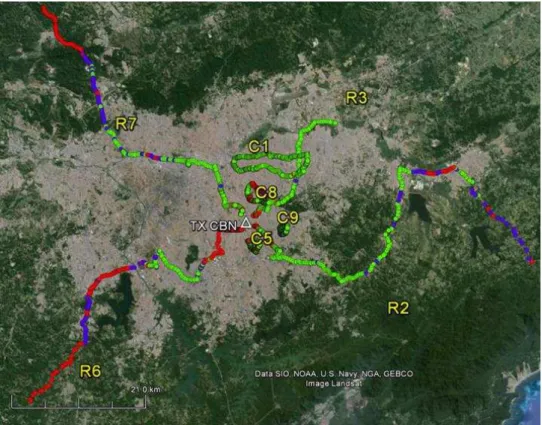 Fig. 7.  Daytime routes and mobile reception audio quality: Rx_Mode=1 (green); Rx_Mode =2 (blue); Rx_Mode=0 (red)