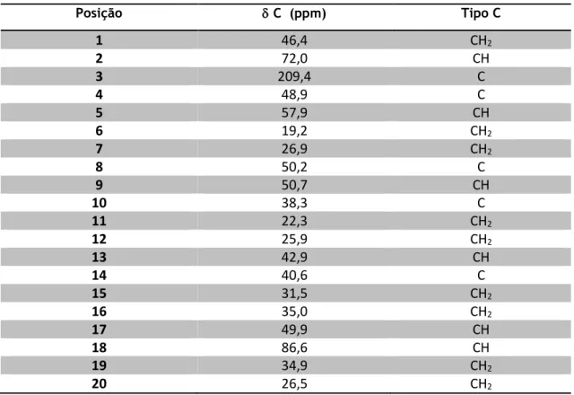 Tabela 6 - Dados de  13 C-RMN para o composto obtido, separado na coluna cromatográfica