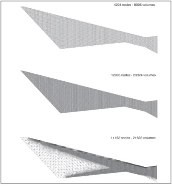 Figure 4:  Complete view of the three computational meshes  used in the present comparisons: (a) coarse ixed  mesh; (b) ine ixed mesh; and (c) adaptive mesh.