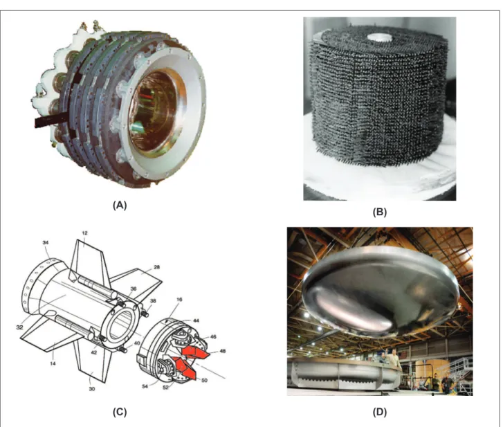 Figure 1:  Applications of thermostructural composites. (A) Aircraft brake, (B) preform for a rocket nozzle, (C) vectorable vanes, (D)  thermal protection system from Orion capsule.