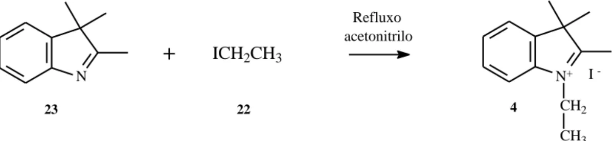 Tabela 4 – Caracterização física e espectroscópica do iodeto de 1-etil-2,3,3-trimetil-3H-indol-1-io (4)