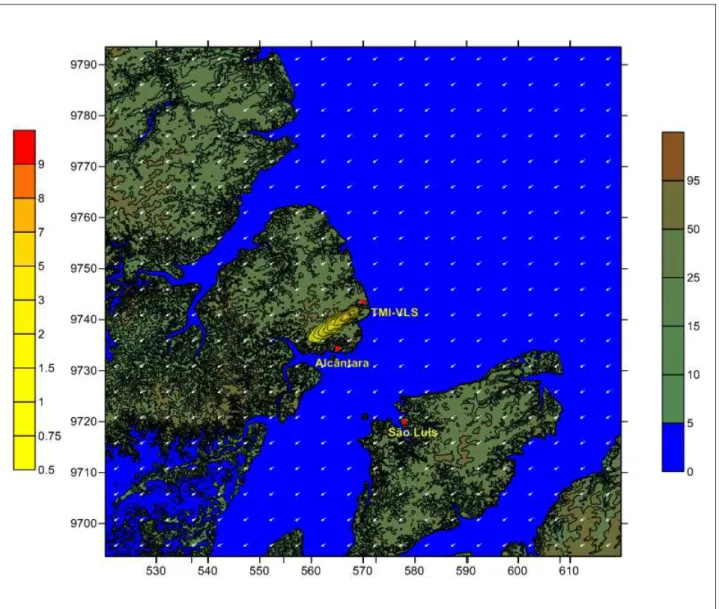 Figure 8:  Topography of the region of 100 x 100 km with a resolution of 100 m showed the vector wind speed and plume generated in the  simulation