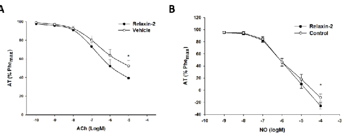 Figure 4 – Vasodilator response after incubation for 24h with either relaxin-2 (10 -7  M) or vehicle; AT (active  tension - average ± standard error) expressed as percentage (%) of the response to phenylephrine (10 -5  M); 