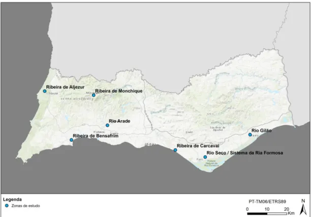 Figura 3 Localização das zonas de estudos objeto de modelação hidrológica 