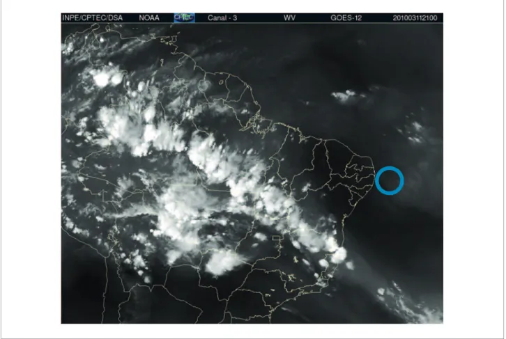 Figure 6. Water vapor satellite image for 21 UTC, 11 March 2010 (source: Centro de Previsão de Tempo e Estudos  Climáticos, Instituto Nacional de Pesquisas Espaciais, Brazil)