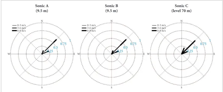 Figure 4. Windroses for Sonic A (700 m inland), Sonic B, and for the anemometer at the top of the tower