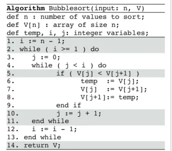 Figure 1. Bubble Sort algorithm with explicit basic-blocks,  which are represented by the grouped numbered lines.