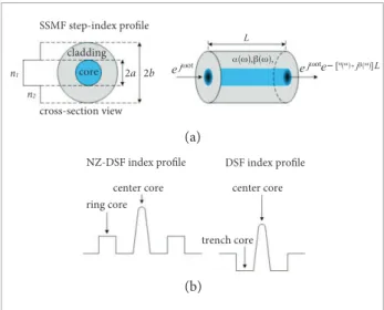 Figure 4. (a) A simpliied representation of a step-index  proile standard single-mode optical iber (SSMF) with  circular dielectric waveguide, and the optical signal affected  by the attenuation and phase factors after being propagated  through an optical 