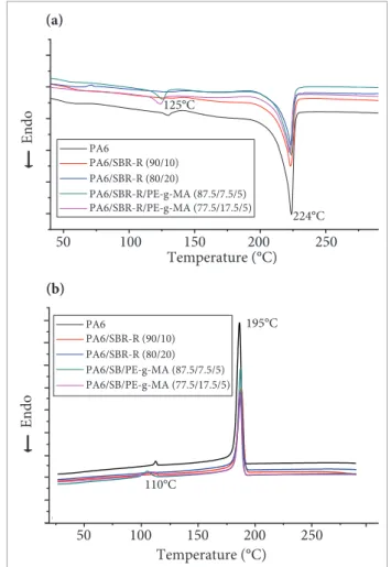 Figure 12. Differential scanning calorimetry curves of  polyamide 6, binary (polyamide 6/SBR-R) and ternary  (polyamide 6/SBR-R/PE-g-MA) blends: (a) Heating; (b) cooling.