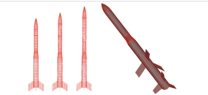 Figure 5. Aerodynamic meshes for the VSB-30 rocket for two stages coniguration and four modules (right), and the single  second stage for 2 to 4 modules (left).