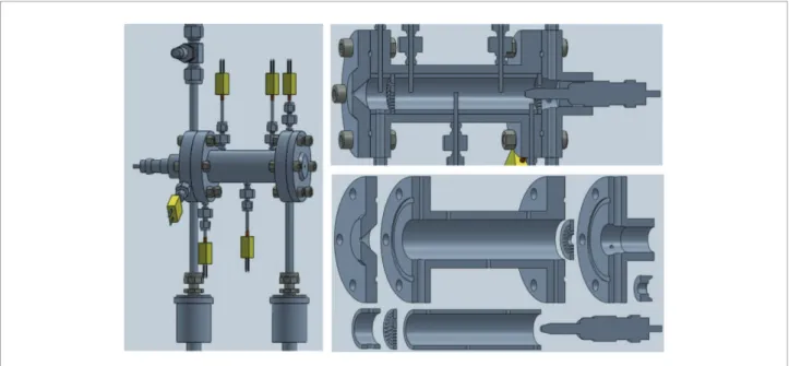 Figure 2. 3D drawings of the thruster with instrumentation and cut views.