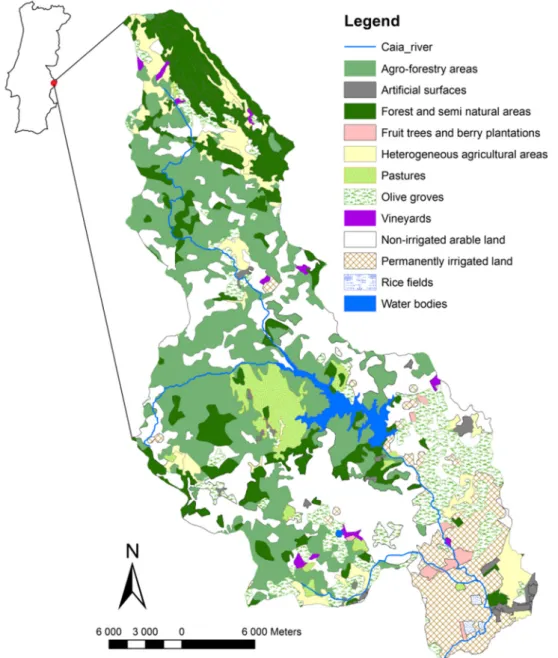 Figure 1. Caia River basin and land use according to the coordination of information on the  environment (CORINE) programme land cover project in 2012