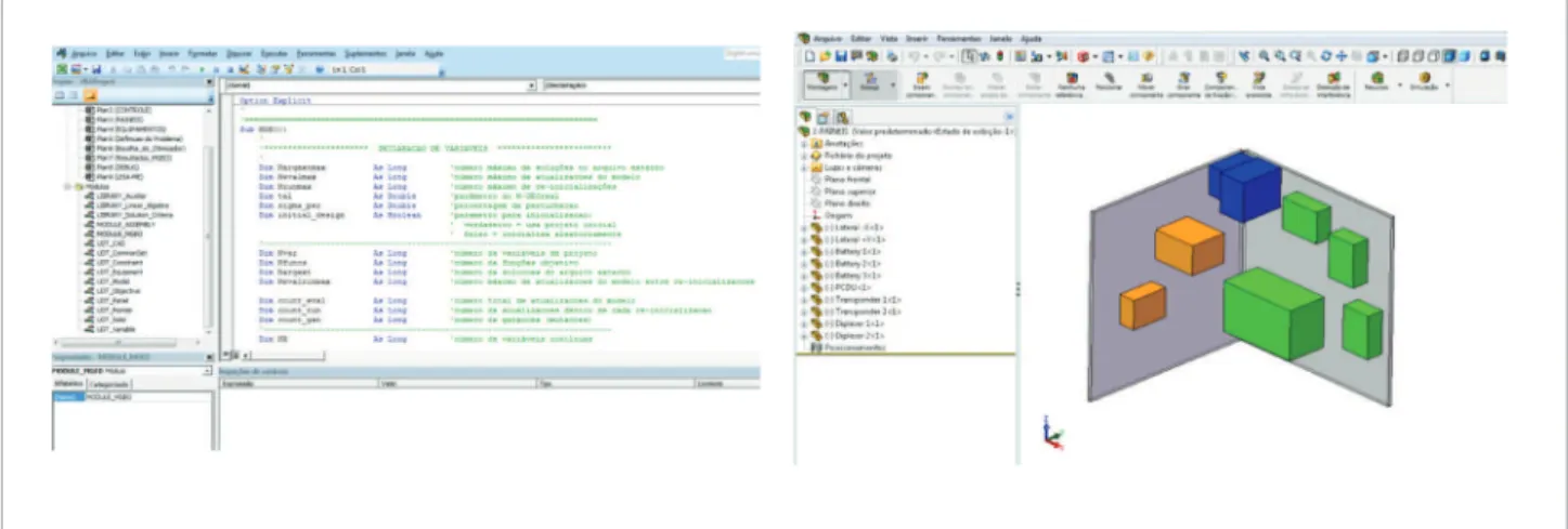 Figure 7. Screenshots of the VBA editor showing the M-GEO macro (left view) and SolidWorks ®  environment (right view).