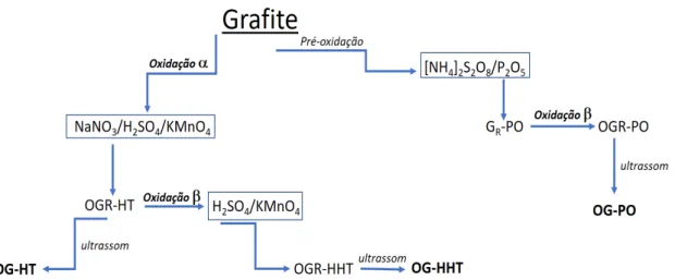 Figura 13. Fluxograma representando as rotas de oxidação do grafite para a síntese de  OGR