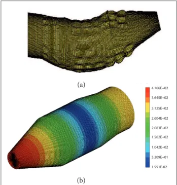 Figure 9. (a) Payload fairing 1 st  structural bending mode at  150.7 Hz, (b) payload fairing 1 st  acoustic longitudinal mode  at 63.5 Hz
