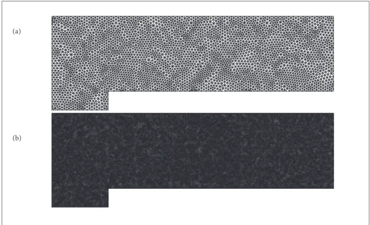 Figure 19. Detail of the domain discretization for the step region. (a) Coarse Mesh; (b) Fine mesh.