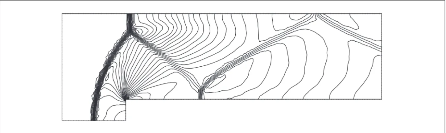 Figure 20. Density contours on the coarse mesh for the 1st-order Roe scheme. Figure shows 30 evenly-spaced dimensionless  density contour lines from 0.1 to 4.6.