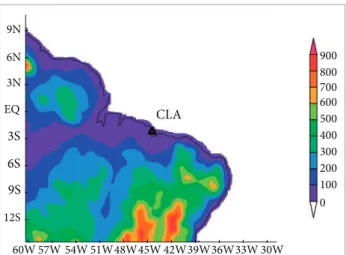 Figure 1. D omain (80 × 100 points) applied to generate  the simulations centered on the region of the Centro de  Lançamento de Alcântara, with data from the topographic  surface, in meters, used by the RegCM4 model.