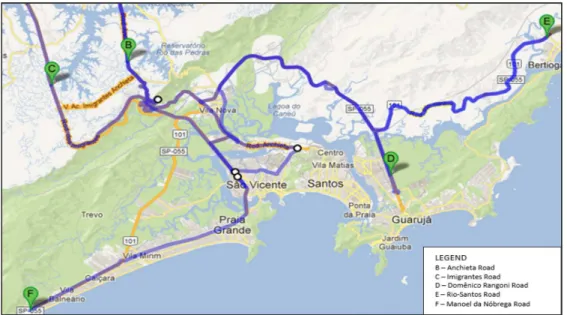 Figure 3.  Access highways to the Port of Santos. Source: Google Maps (2012).