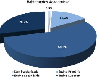 Figura  13:  Frequência  absoluta  e  relativa  das  habilitações  académicas  dos  indivíduos  na  amostra  de  visitantes/turistas das Aldeias do Xisto