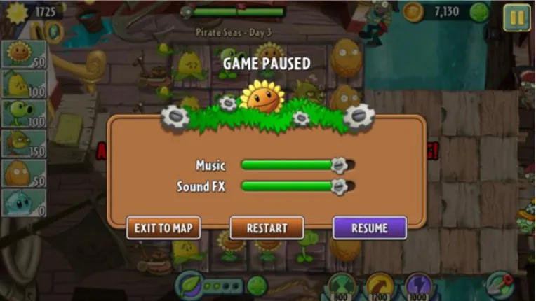 Figura xiii. Ecrã do Pausa do jogo Plants vs Zombie 