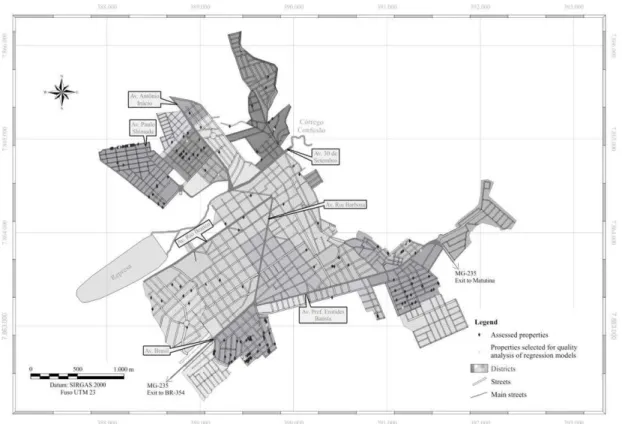 Figure 3. Map of São Gotardo with the location of each property assessed and the properties selected for quality analysis of  regression models generated.