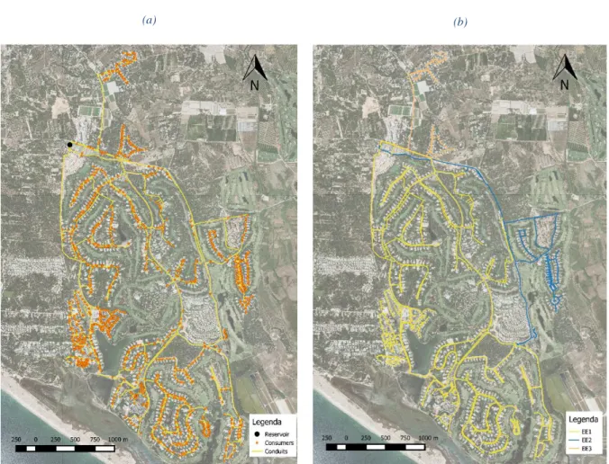 Figure 1- Representation of the water supply system: (a) physical components and consumers; (b) areas of  influence of the three pump stations 