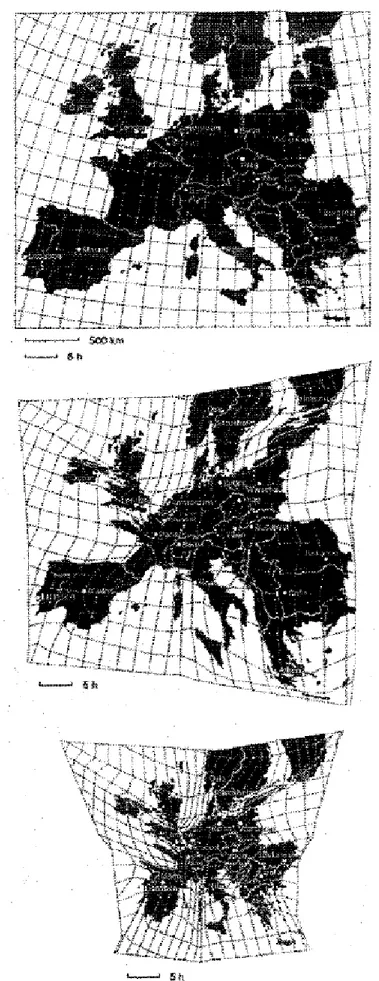 Figura nº2 – O Mapa da Europa e Mapa das Distância Tempo na Europa em 1993 e 2010   Fonte: Vickerman, Spieckermann e Wegener (1999) 