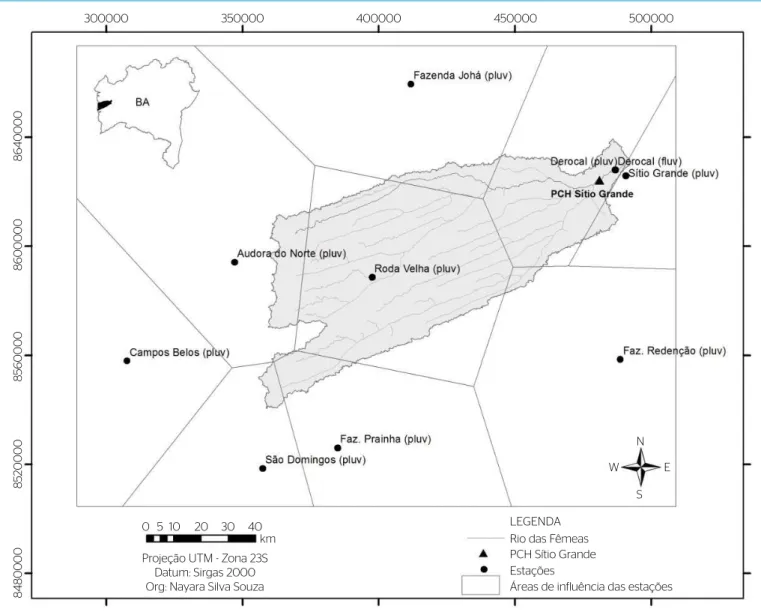Figura 1 – Bacia do Rio das Fêmeas com a localização das estações hidrológicas e do reservatório da Pequena Central Hidrelétrica.
