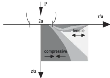 Fig. 3 shows a schematic diagram of the zones under tensile and compressive radial stresses in a substrate under a Hertzian contact.